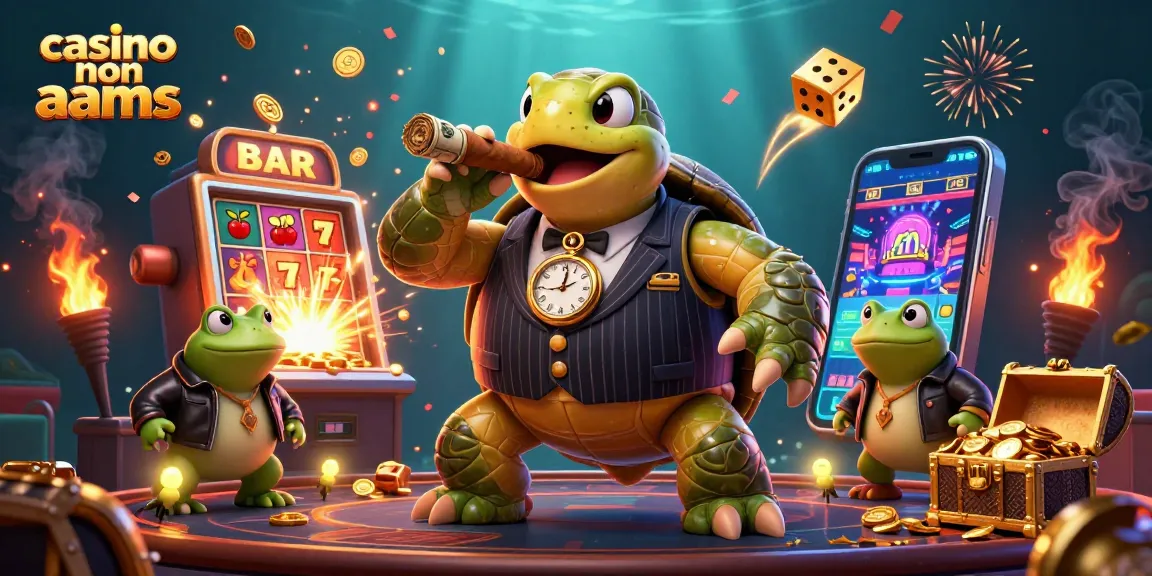 Giocare nei casino non AAMS con una tartaruga gangster e rane in giacca, circondati da slot e premi.