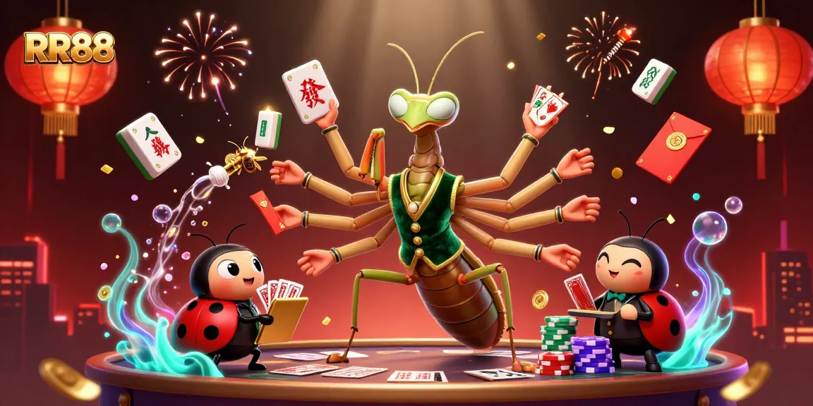 RR88 showcases a lively casino scene with a giant mantis card shark and ladybug pit boss.