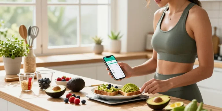 Using the best calorie tracker in a bright kitchen to prepare healthy breakfast.