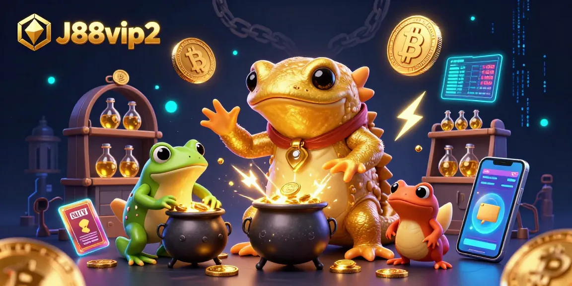 Engage with the vibrant J88vip2 crypto casino scene filled with gold coins and digital elements