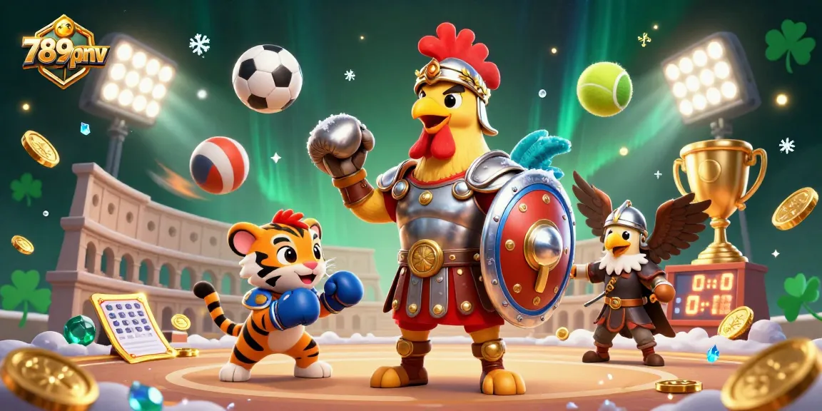 Engage in thrilling gameplay at 789pnv with an exciting illustration of a gladiator rooster and tiger cub in a vibrant casino arena.