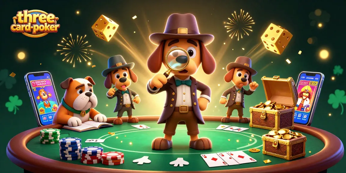 Engage with three-card-poker through a vibrant illustration of a detective and clues amidst a dynamic casino atmosphere.
