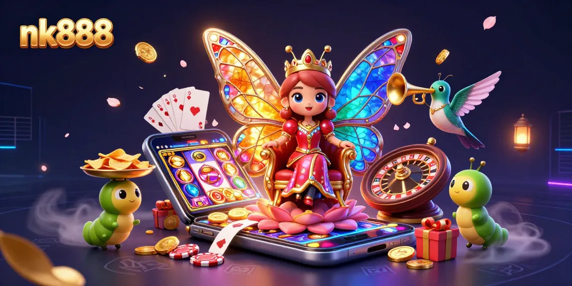 Play slots at nk888, featuring a playful scene with a butterfly queen and vibrant casino elements.
