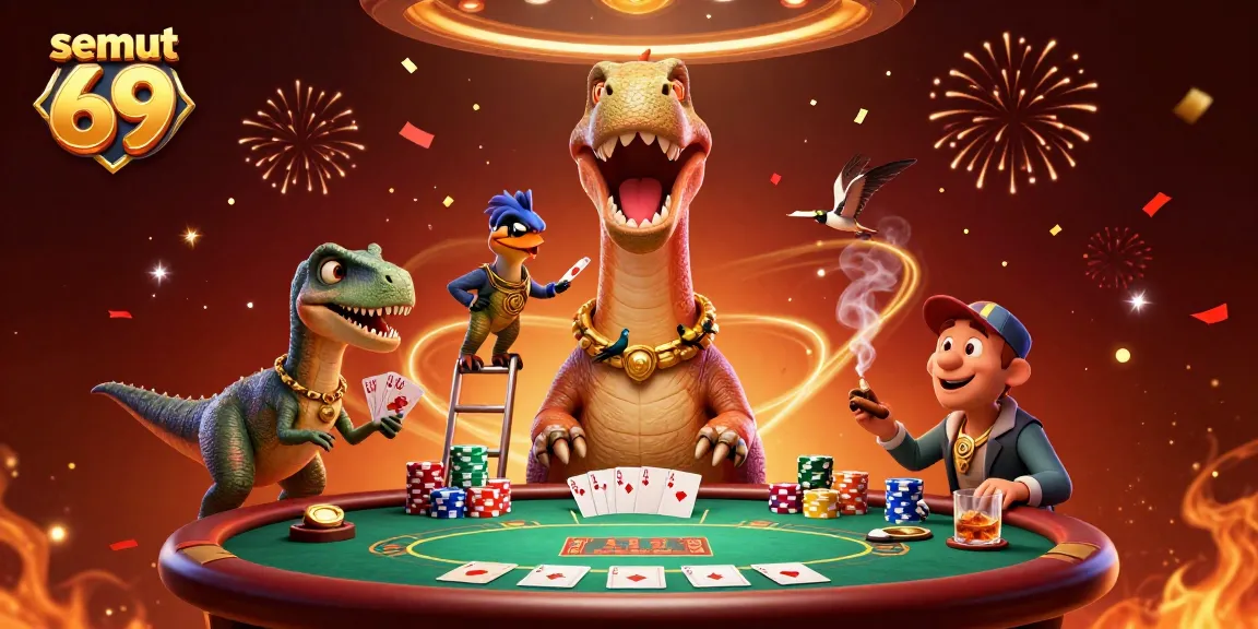 Semut 69 menampilkan dino raksasa dan dealer cerdas di meja poker sambil merayakan kemenangannya.