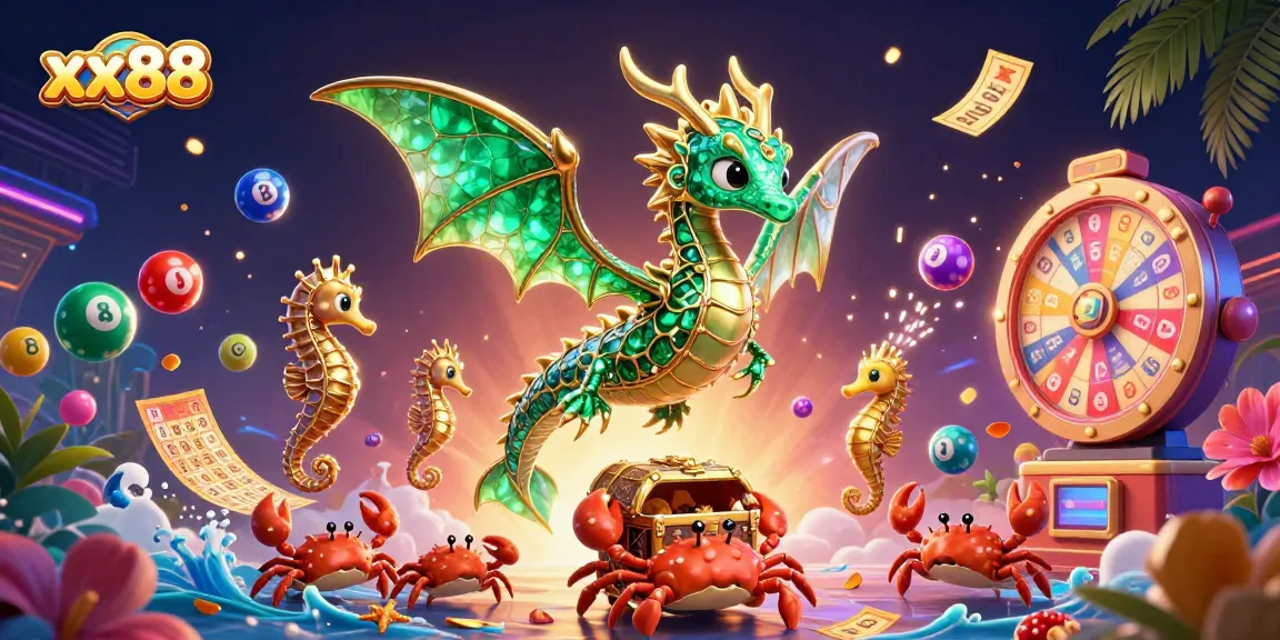 Experience thrilling gameplay at xx88 with a vibrant scene showcasing a cartoon sea dragon and exciting lottery elements.