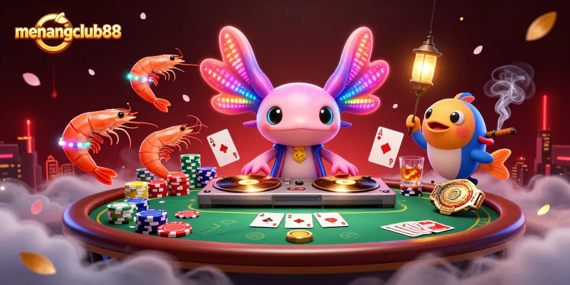 Experience the thrill of menangclub88 with an energetic 3D casino scene featuring quirky characters and poker elements.