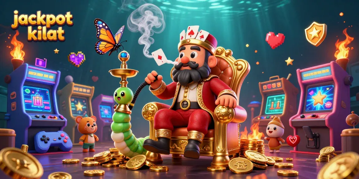 Engaging jackpot kilat scene with a caterpillar master, arcade themes, and vibrant gold elements.