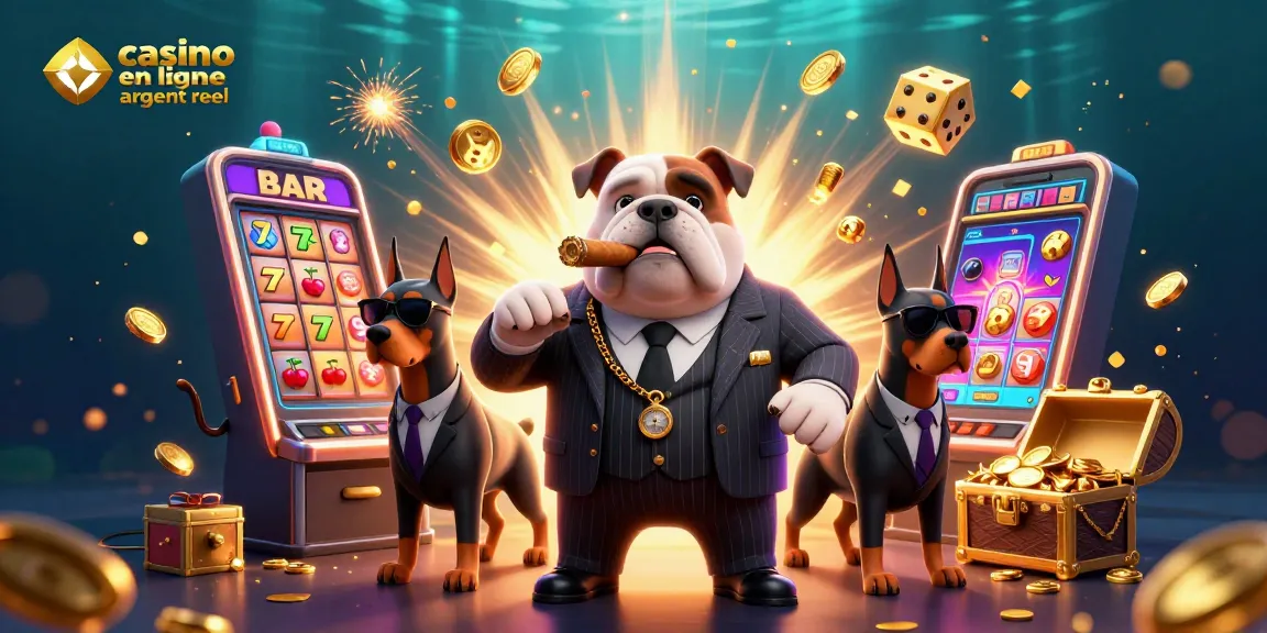Casino en ligne argent réel : illustration d'un bulldog mafieux entouré de jeux de casino et de jackpots.