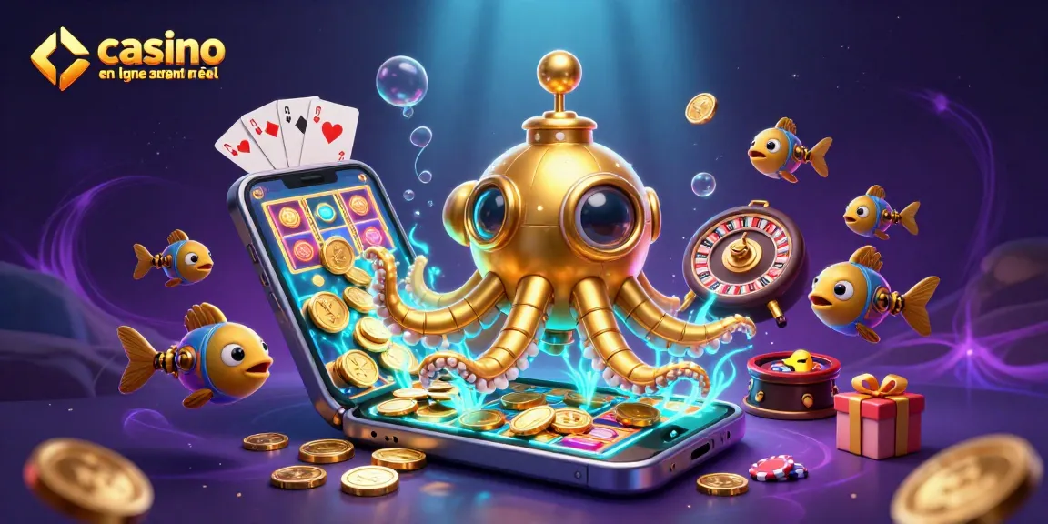 La scène dynamique présente un kraken doré et un smartphone, illustrant l'excitation du casino en ligne argent réel.
