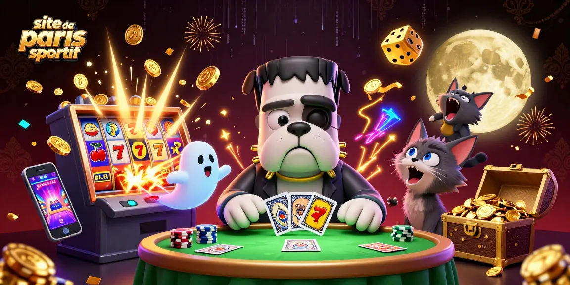 Découvrez un site de paris sportif animé avec un bulldog Frankenstein et des symboles de casino.