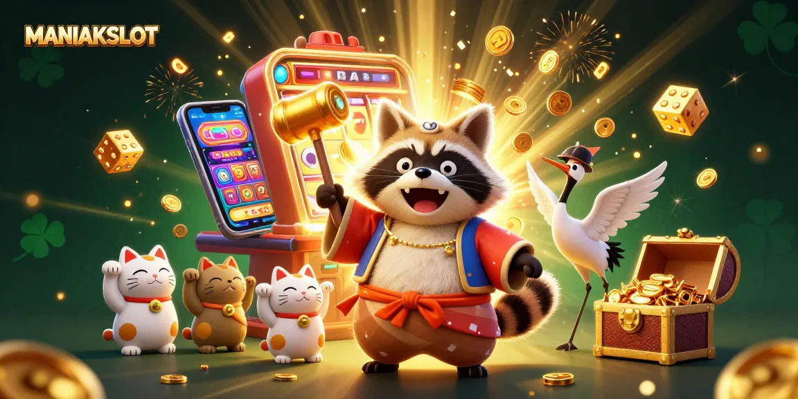Spin the reels of MANIAKSLOT for big wins with a festive tanuki and vibrant casino elements!
