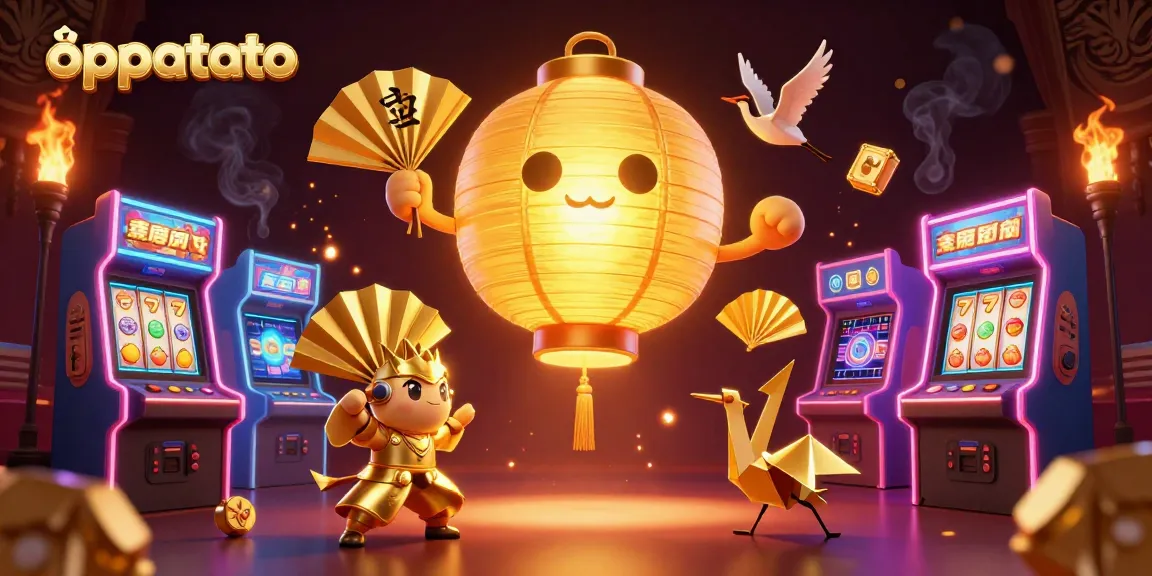 Experience thrilling gameplay with oppatoto, showcasing golden lantern spirit, vibrant slot reels, and arcade excitement.