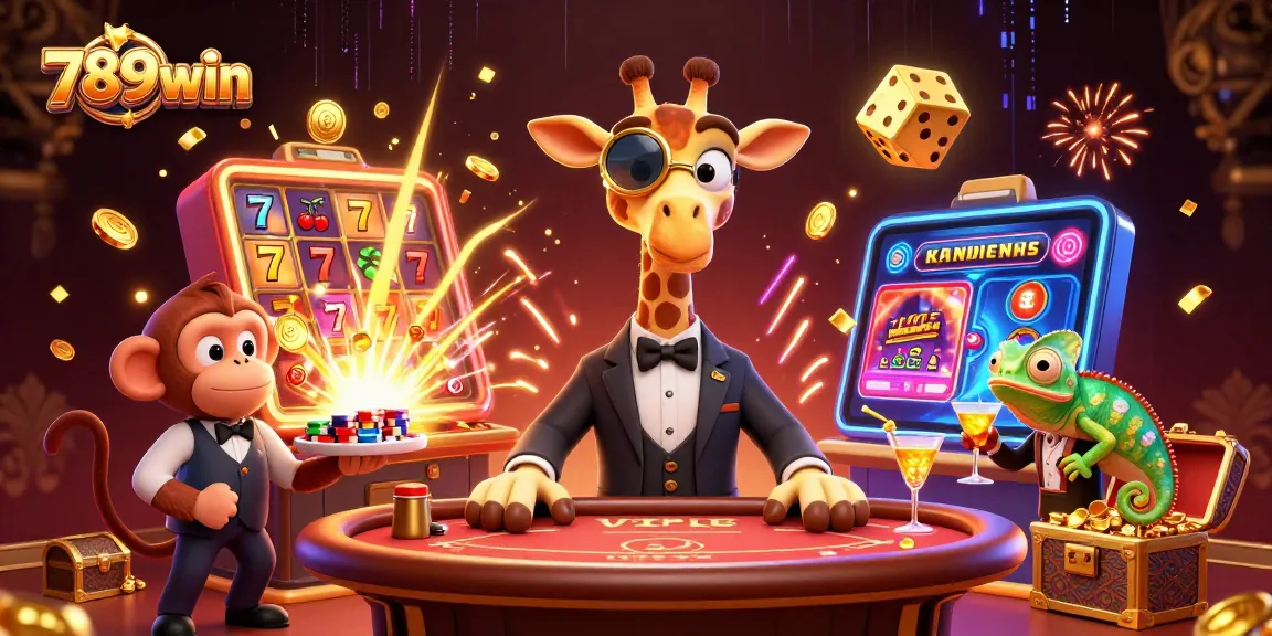 Win big at 789win with a vibrant casino scene featuring a giraffe high-roller, monkey valet, and chameleon bartender.