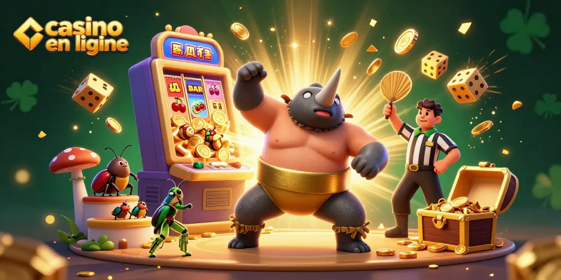 La scène dynamique du casino en ligne montre un champion sumo en ceinture dorée et une machine à sous explosant de pièces.