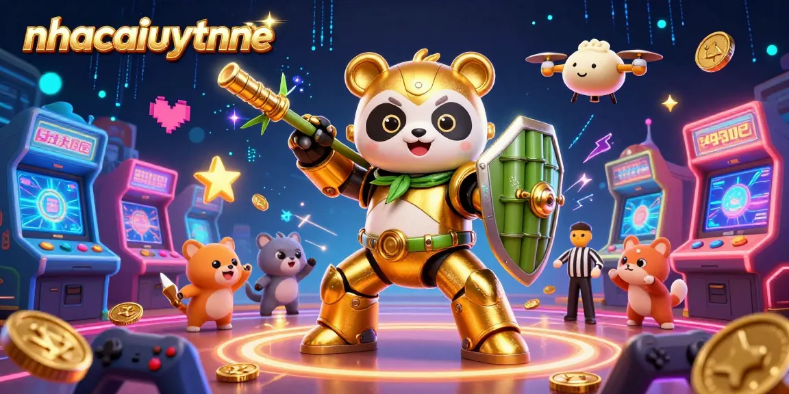 Experience thrilling gameplay with nhacaiuytinne's vibrant 3D casino illustration featuring a golden panda mech and arcade elements.