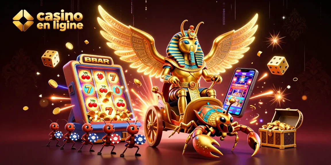 Plongée dans le monde du casino en ligne avec un scarabée doré et des machines à sous vibrantes.