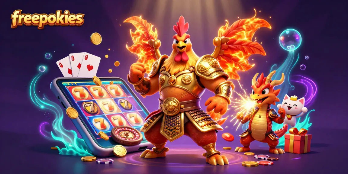 Play freepokies on mobile with a vibrant 3D illustration showcasing exciting casino elements.