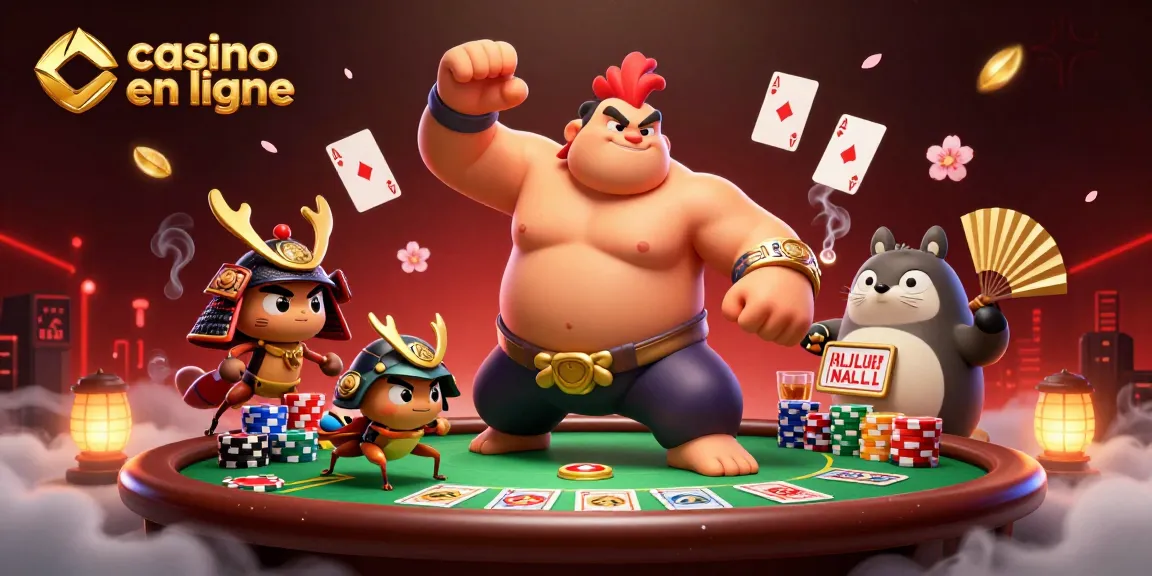 Un sumo puissant et un criquet samouraï se battent autour d'une table de poker casino en ligne.