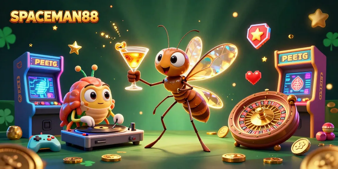 Experience the thrill of SPACEMAN88 as a majestic mosquito casino mascot showcases a golden cocktail in a lively gaming scene.