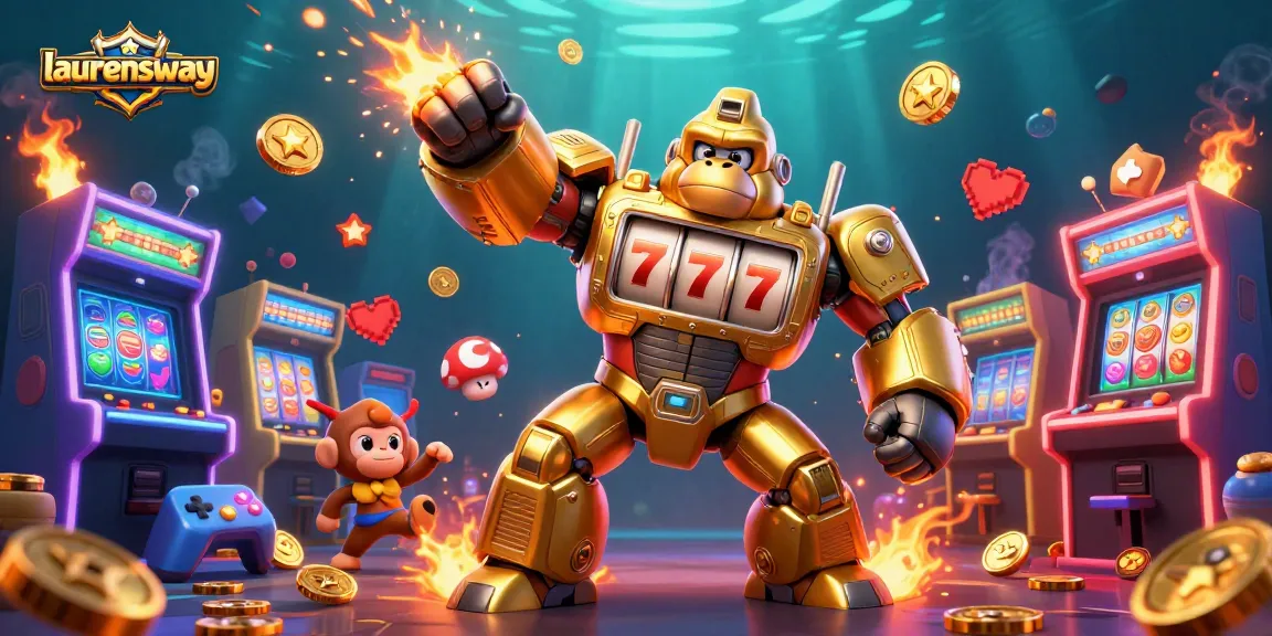 Experience laurensway's dynamic gaming with a stunning golden gorilla mech in a vibrant casino scene.