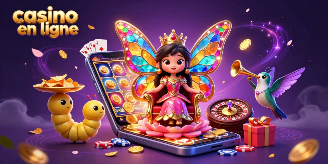 Visualisez un casino en ligne animé avec une reine papillon entourée de jeux et de jetons dorés.