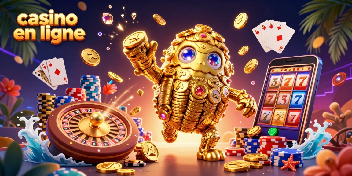 Jouer sur un casino en ligne avec un golem d'or, des cartes et des jetons colorés.