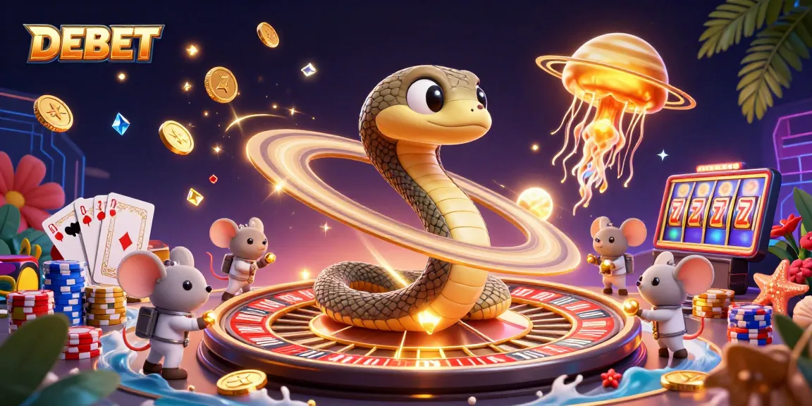 Experience the thrill of DEBET with a cosmic casino scene featuring roulette and playful betting mice.