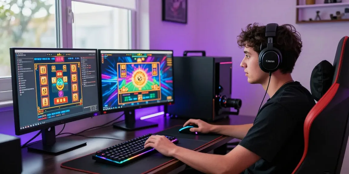 Engaged player at a gaming desk, featuring situs gacor slot games, vibrant monitors, and dynamic lighting for an immersive experience.