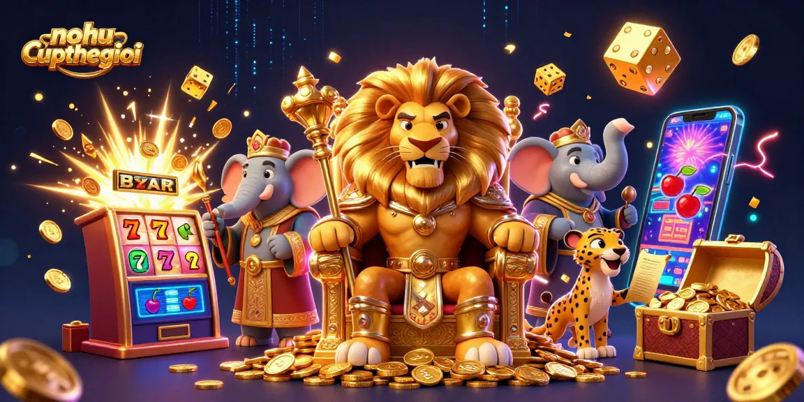 Nohu-cupthegioi brings to life a stunning 3D casino scene with a majestic lion king and golden jackpot excitement.
