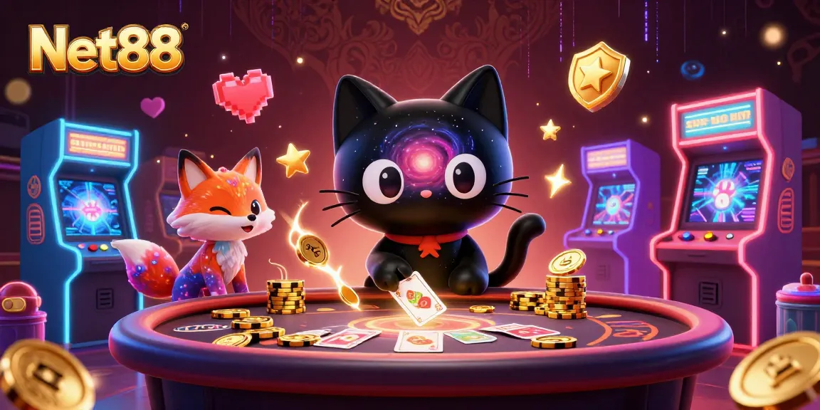 Net88's cosmic casino scene with a black hole cat and gas fox captivating players.