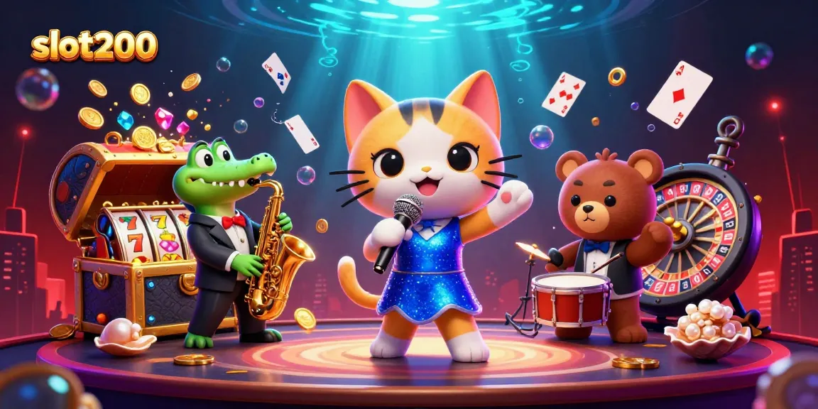 Slot200 menawarkan gambar hiburan kasino dengan tema slot dan karakter lucu yang memikat.