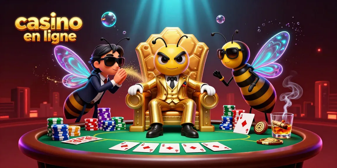 Image captivante d'un casino en ligne avec un boss bourdon, une table de poker, et des éléments colorés