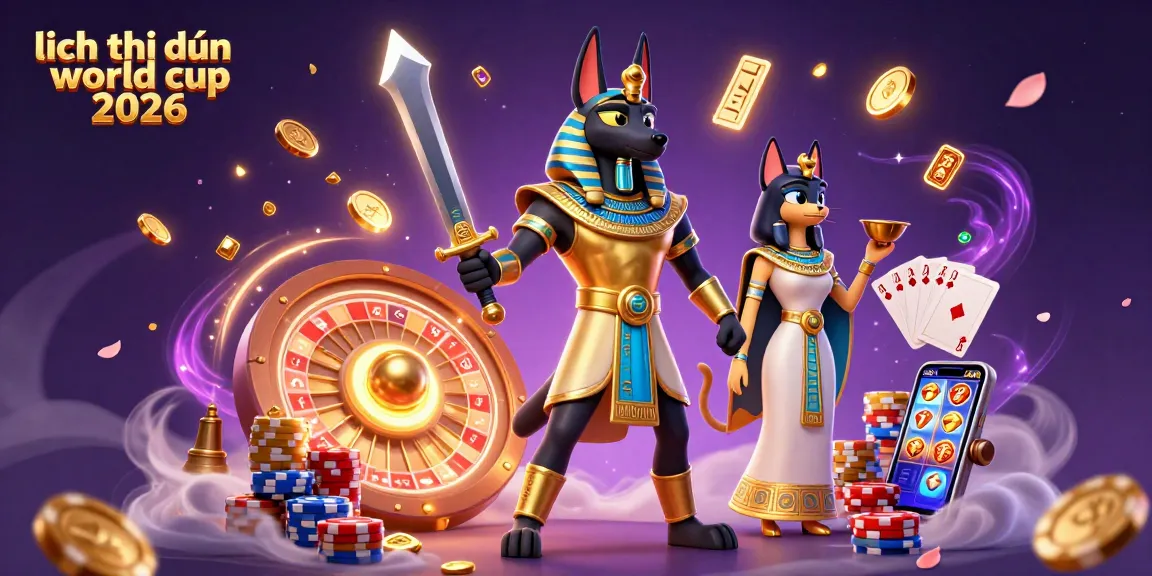 Experience the thrilling lịch thi đấu world cup 2026 with Anubis and Bastet in this vibrant casino-themed scene.