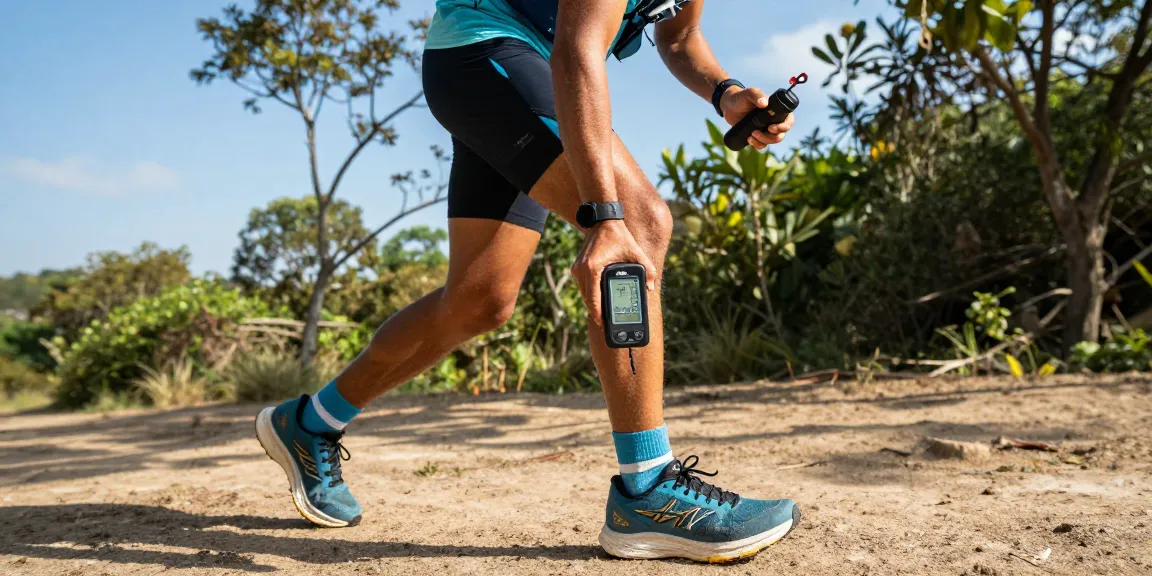 Athlete using 'Prediksi 7meter' weather device on trail run for optimal performance.