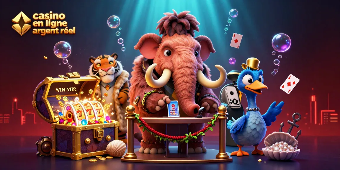 Vivez l'excitation du casino en ligne argent réel avec un bouncer mammouth et un tigre VIP dans une illustration éclatante.