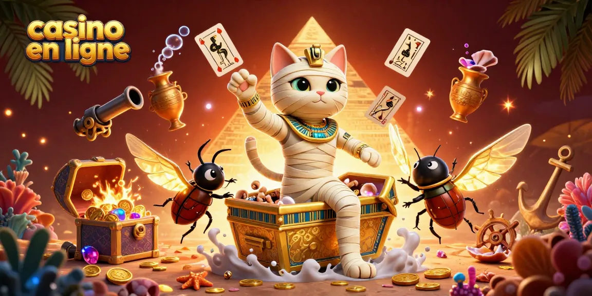 Visualisation dynamique de casino en ligne avec un chat momie égyptien et des éléments de jeu de cartes