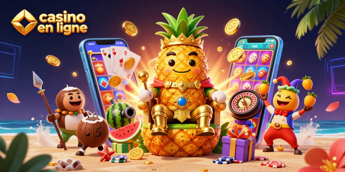 Jouez à des jeux de casino en ligne avec le roi ananas et ses gardes dans un décor vibrant.