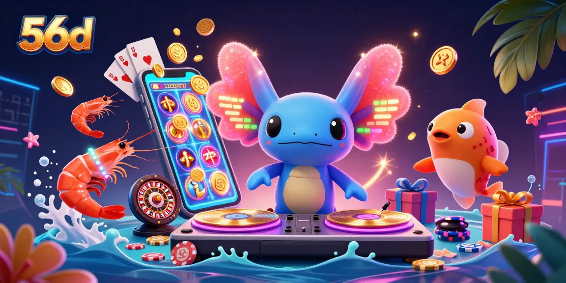 Experience 56d's thrilling gaming atmosphere where the axolotl DJ spins exquisite wins with vibrant slot games.