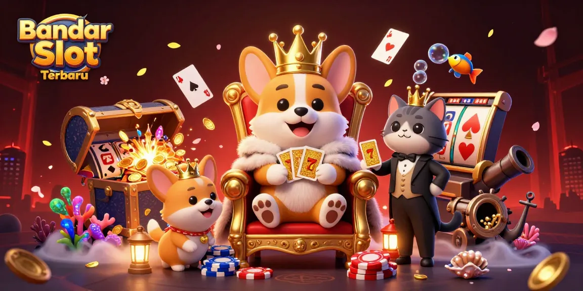 Win big at Bandar Slot Terbaru with vibrant scene featuring a royal corgi and jackpot symbols