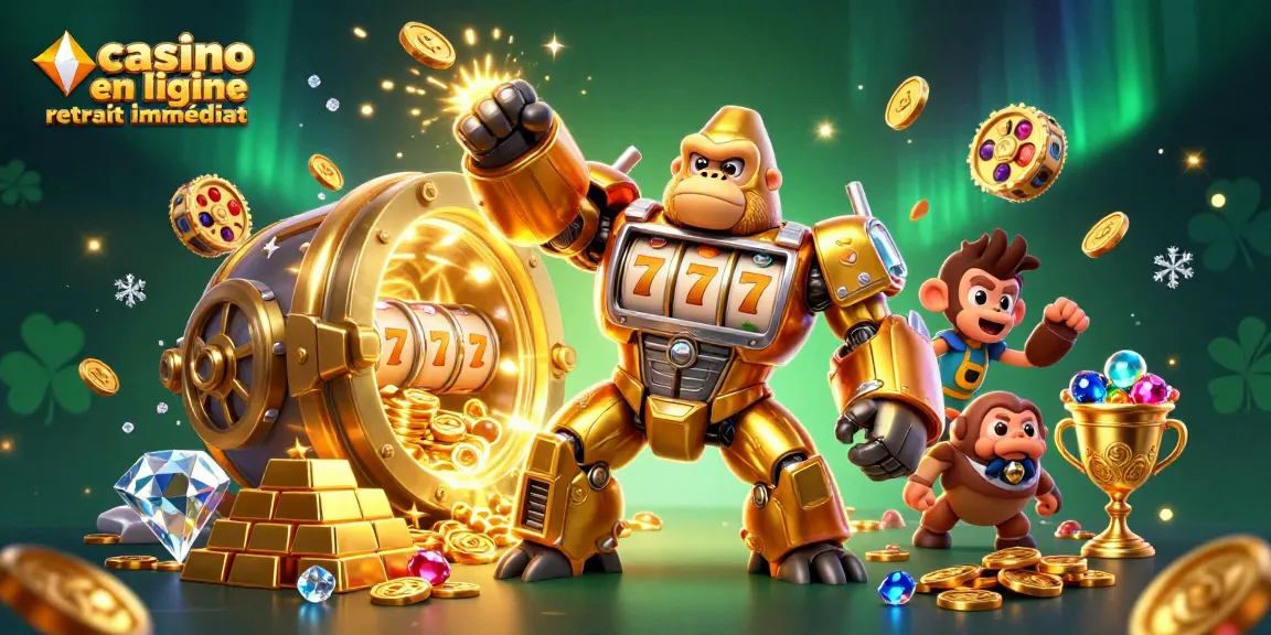 Découvrez le casino en ligne retrait immédiat avec une illustration créative représentant des gains massifs et des personnages dynamiques.