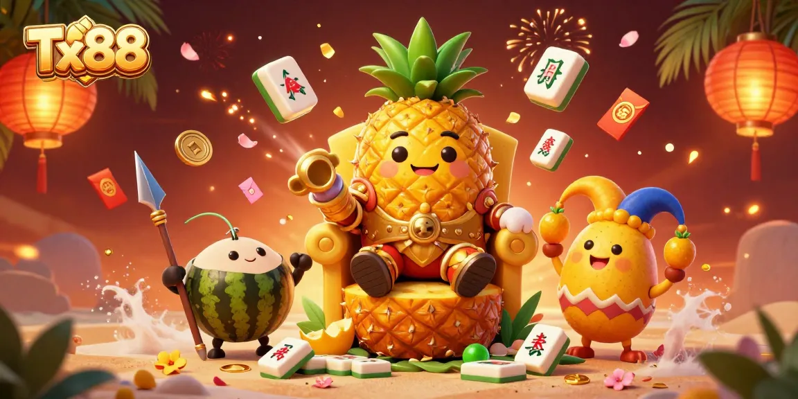 Tx88 invites players to enjoy a vibrant beach casino scene with golden pineapple king and festive elements.