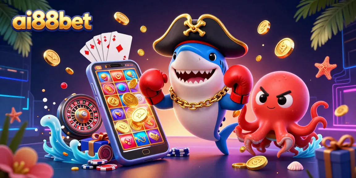Experience exciting gambling with ai88bet, featuring a dynamic illustration of a pirate shark and friends!