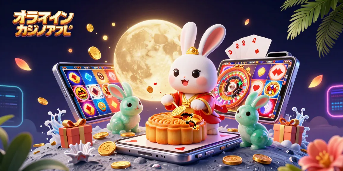 オンラインカジノアプリで月のウサギが黄金の月餅を叩く様子を描いたイラスト