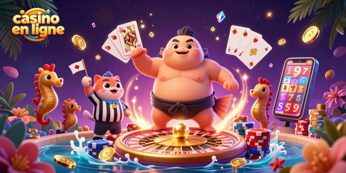 Illustration animée de casino en ligne avec fugu, arbitre et éléments de jeux animés.
