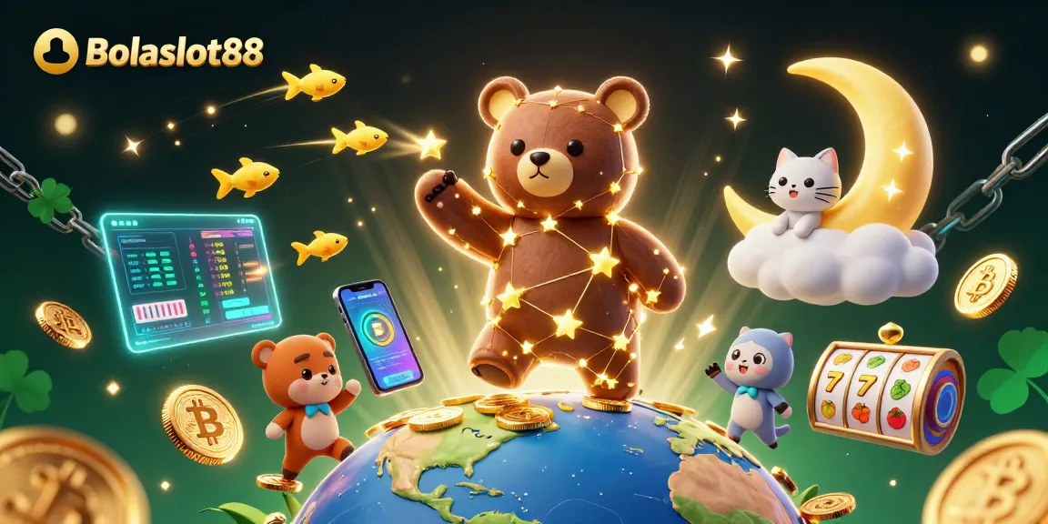 Bolaslot88 offers a vibrant casino illustration with a constellation bear and slot symbols showcasing gaming excitement.
