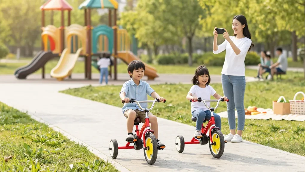 Kids riding the best kids tricycles through a park, highlighting fun and outdoor activity.