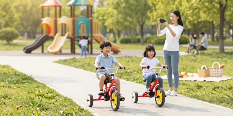 Kids riding the best kids tricycles through a park, highlighting fun and outdoor activity.