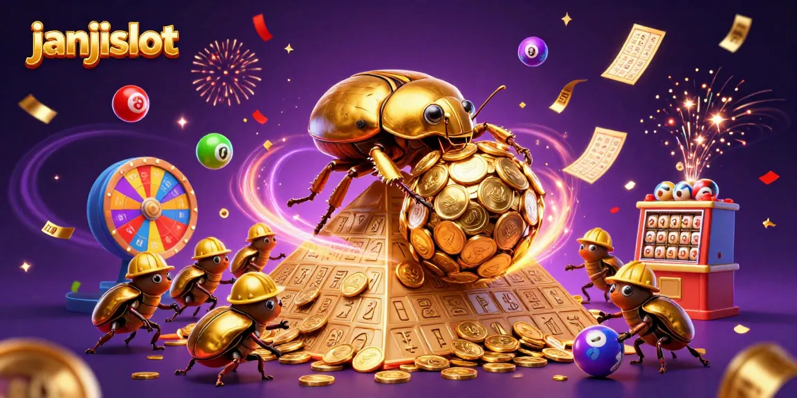 Experience the excitement of janjislot with colorful lottery elements and energetic beetle characters.