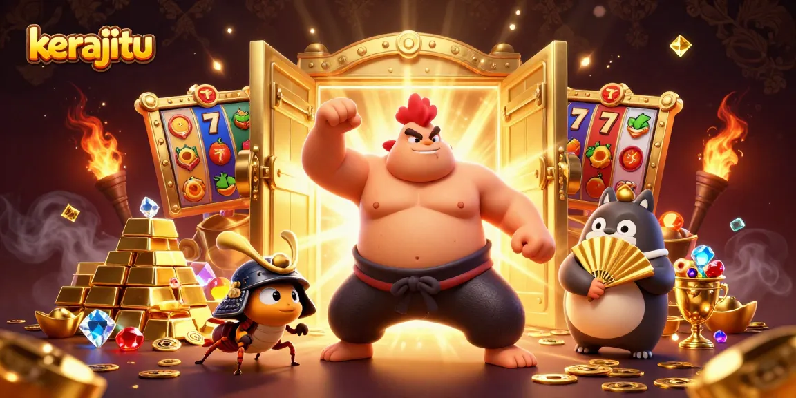 Engage with kerajitu's vibrant slots scene featuring a sumo rooster, samurai cricket, and tanuki announcer.