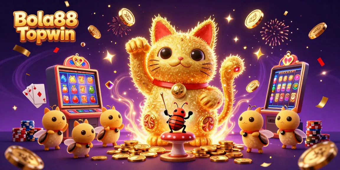 Bola88 Topwin showcases a vibrant 3D illustration of a lucky cat, slot machines, and sparkling casino symbols.